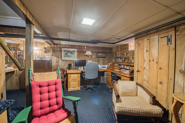 27 Carrlyn Rd, Brockton, MA 02301 - home office featuring a drop ceiling, wood walls, and carpet flooring