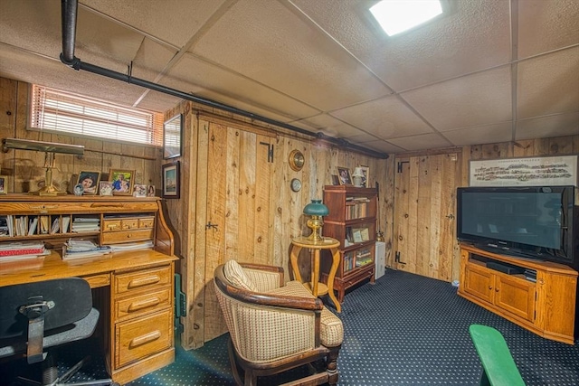 27 Carrlyn Rd, Brockton, MA 02301 - office area with a paneled ceiling, wood walls, and carpet flooring