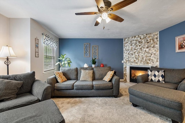 63 Shrine Ave Unit 1, West Boylston, MA 01583 - living room featuring a ceiling fan, carpet floors, and a fireplace