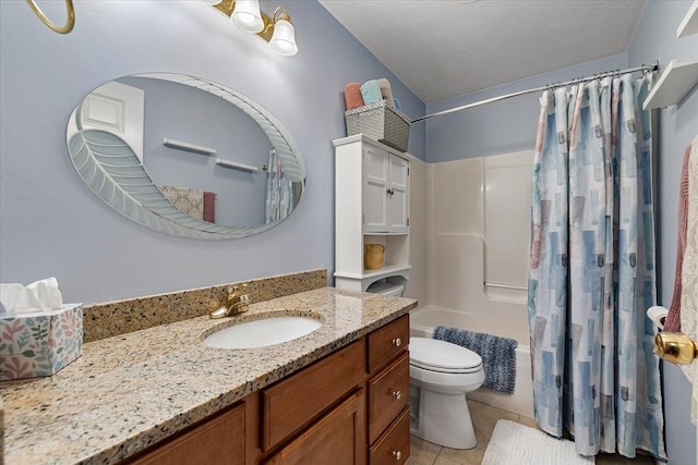 63 Shrine Ave Unit 1, West Boylston, MA 01583 - bathroom featuring vanity, shower / tub combo with curtain, toilet, and tile patterned floors