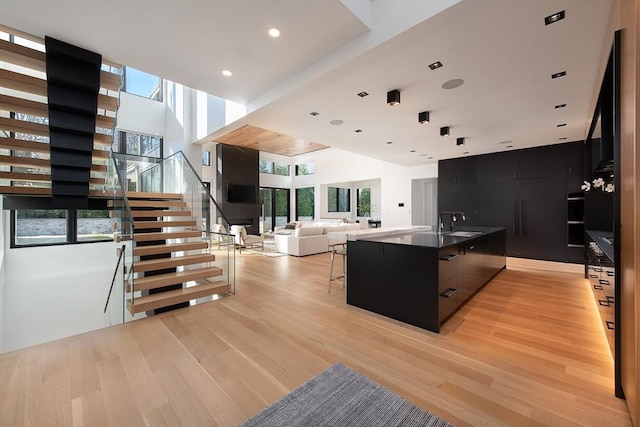 kitchen featuring a kitchen bar, a spacious island, light wood-type flooring, and sink