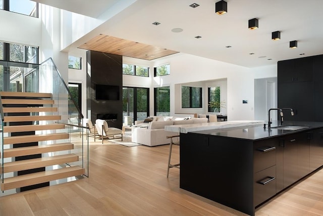 kitchen with a high ceiling, sink, an island with sink, and light hardwood / wood-style flooring