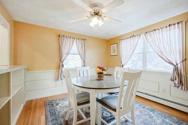 15 Ashlee Gln, Lynn, MA 01904 - dining area featuring light wood-style flooring, wainscoting, baseboard heating, a ceiling fan, and a decorative wall