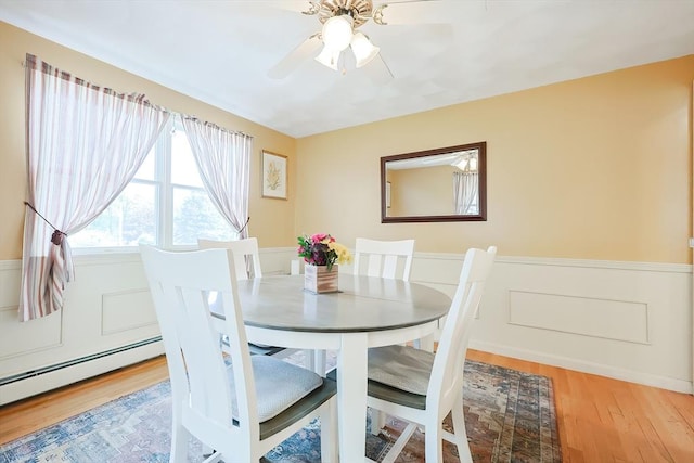 15 Ashlee Gln, Lynn, MA 01904 - dining room featuring wainscoting, a baseboard heating unit, ceiling fan, and light wood-style flooring