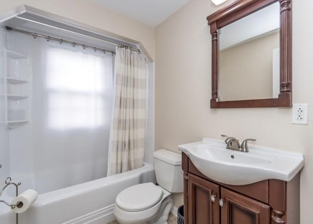 full bathroom with shower / bath combo with shower curtain, toilet, and vanity