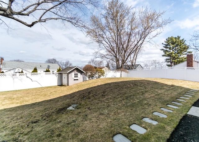 view of yard with a storage shed, an outbuilding, and a fenced backyard