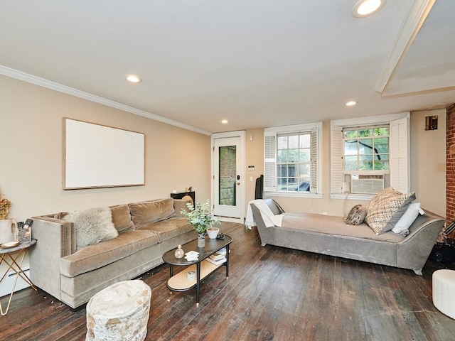 living room with dark hardwood / wood-style flooring, cooling unit, and ornamental molding