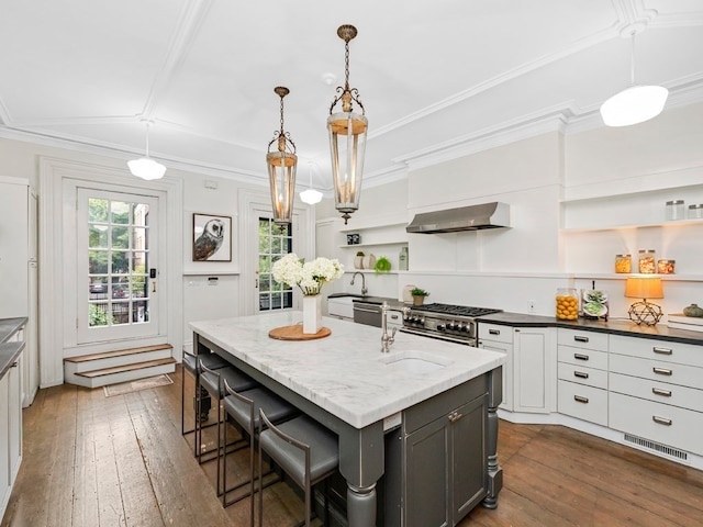 kitchen featuring white cabinets, dark hardwood / wood-style flooring, hanging light fixtures, and exhaust hood