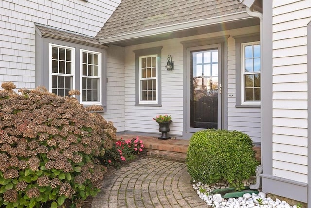 entrance to property featuring a shingled roof