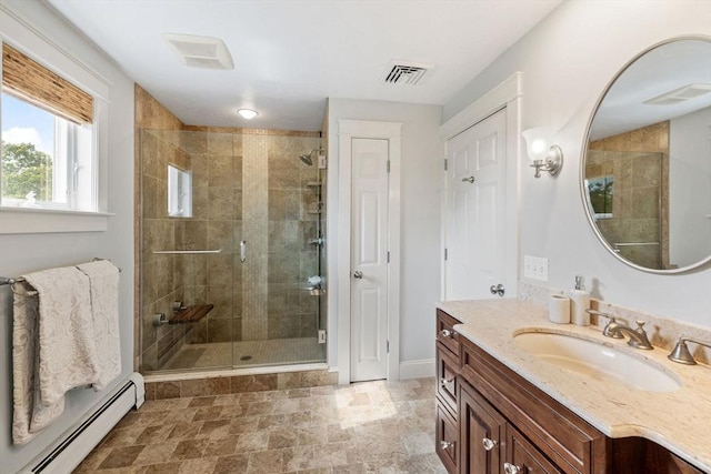 full bath with baseboard heating, a shower stall, vanity, and visible vents