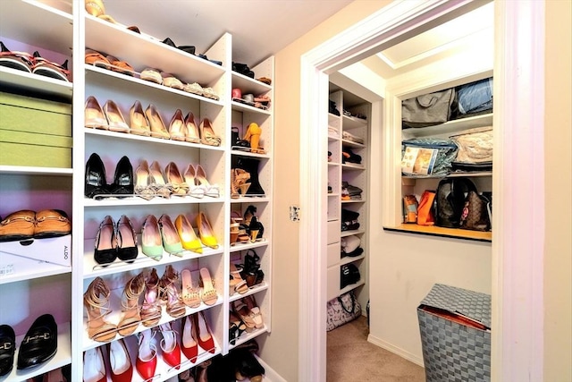 walk in closet featuring carpet flooring