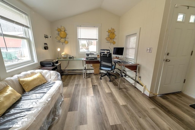 office space featuring a baseboard radiator, wood finished floors, and vaulted ceiling