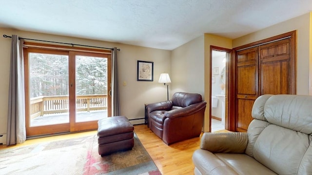 living room featuring light wood-type flooring and baseboard heating