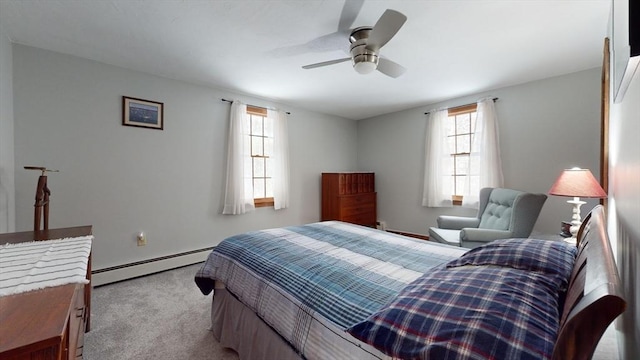 carpeted bedroom featuring ceiling fan and baseboard heating