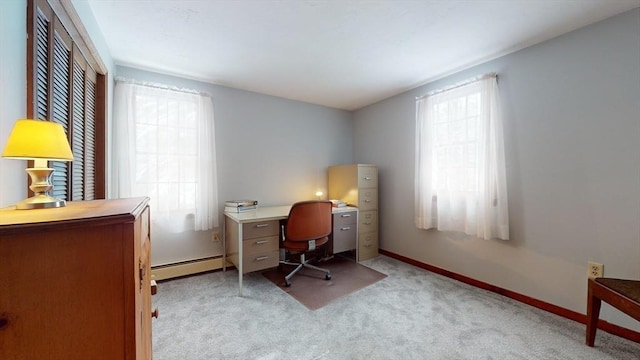 office with a baseboard radiator and light carpet