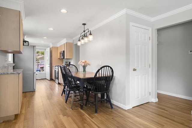 56 Country Way, Whitman, MA 02382 - dining room with light wood-type flooring, baseboards, recessed lighting, and ornamental molding
