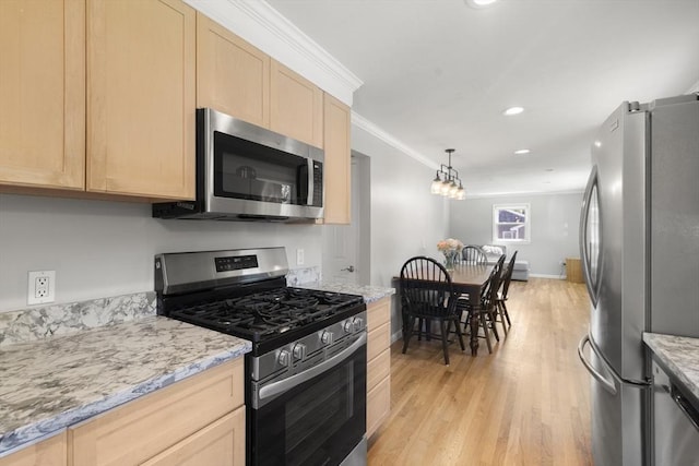 56 Country Way, Whitman, MA 02382 - kitchen with appliances with stainless steel finishes, light brown cabinetry, light wood finished floors, crown molding, and recessed lighting