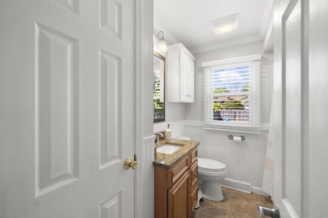 56 Country Way, Whitman, MA 02382 - bathroom featuring vanity, toilet, and ornamental molding