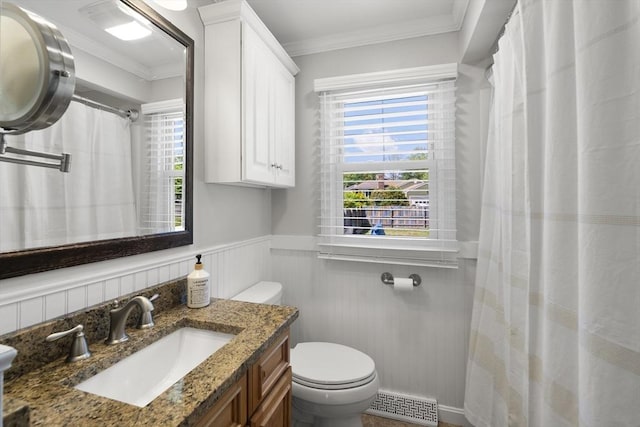 56 Country Way, Whitman, MA 02382 - bathroom featuring toilet, vanity, wainscoting, crown molding, and curtained shower