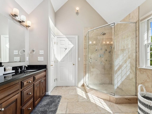 231 Gulf St, Shrewsbury, MA 01545 - full bath with a shower stall, vanity, lofted ceiling, baseboards, and marble finish floors