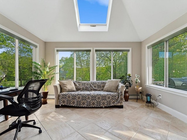 231 Gulf St, Shrewsbury, MA 01545 - sunroom / solarium featuring plenty of natural light, a baseboard heating unit, a skylight, and high vaulted ceiling