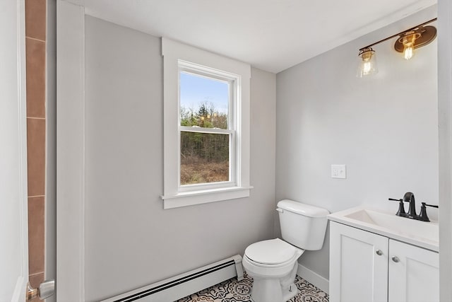 bathroom featuring tile patterned flooring, vanity, toilet, and baseboard heating