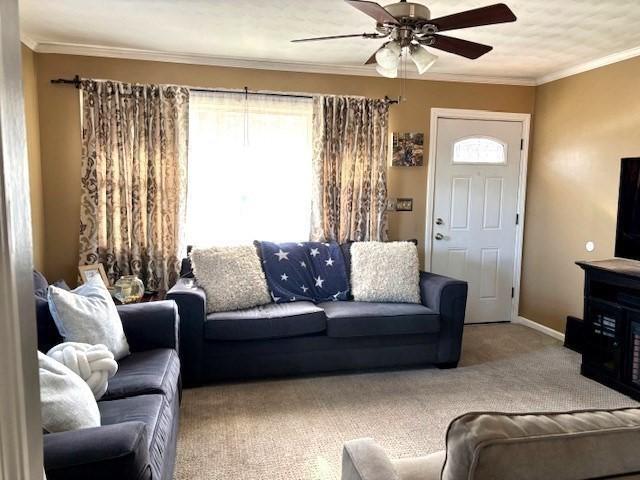 living room with ceiling fan, carpet, and crown molding