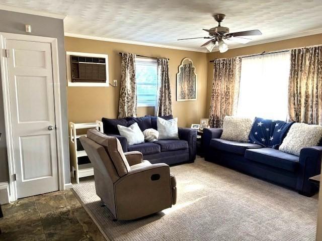 living room featuring ceiling fan, an AC wall unit, and crown molding