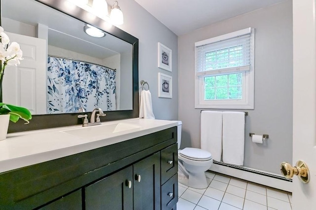 full bathroom featuring a baseboard radiator, tile patterned flooring, toilet, vanity, and curtained shower