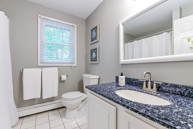 bathroom with a baseboard heating unit, tile patterned flooring, toilet, and vanity