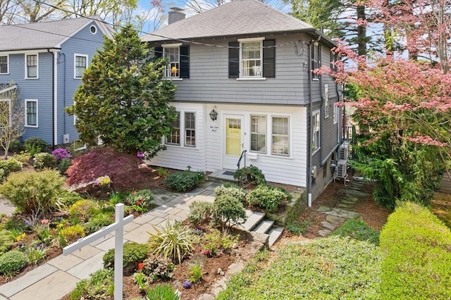 view of front of house featuring a chimney and roof with shingles