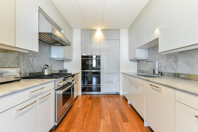 1 Dalton St Unit 5102, Boston, MA 02115 - kitchen with high end stainless steel range oven, range hood, light countertops, and backsplash
