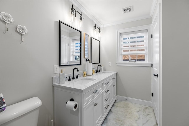 bathroom featuring visible vents, baseboards, toilet, marble finish floor, and a sink