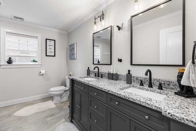 full bath featuring toilet, ornamental molding, visible vents, and a sink