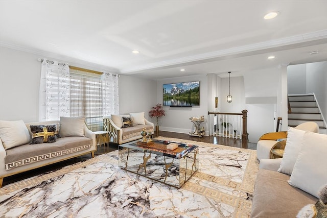 living area with recessed lighting, baseboards, ornate columns, and wood finished floors