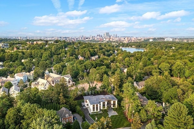 drone / aerial view with a water view and a city view