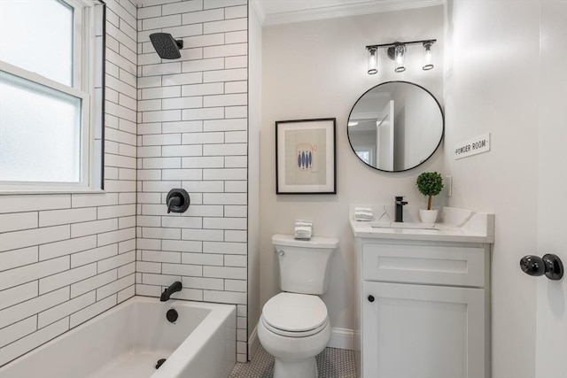 bathroom featuring baseboards, toilet, ornamental molding,  shower combination, and vanity