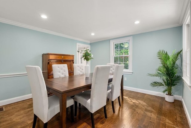 56 Arrowhead Rd, Weston, MA 02493 - dining space with baseboards, wood finished floors, recessed lighting, and crown molding