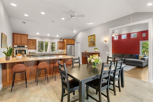 56 Arrowhead Rd, Weston, MA 02493 - dining space with lofted ceiling, ceiling fan, and recessed lighting