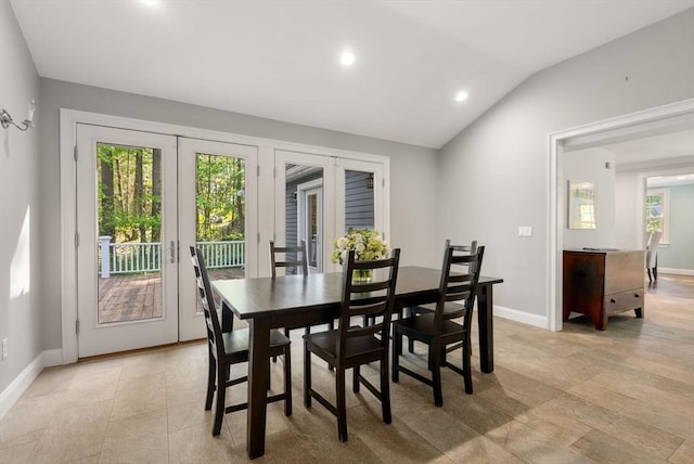 56 Arrowhead Rd, Weston, MA 02493 - dining space featuring french doors, vaulted ceiling, baseboards, recessed lighting, and light tile patterned flooring