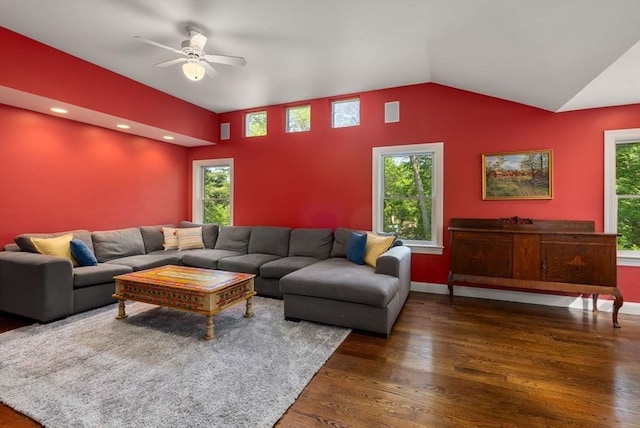 56 Arrowhead Rd, Weston, MA 02493 - living room featuring wood finished floors, ceiling fan, vaulted ceiling, and plenty of natural light