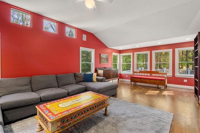 56 Arrowhead Rd, Weston, MA 02493 - living room featuring wood finished floors, lofted ceiling, ceiling fan, baseboards, and recessed lighting