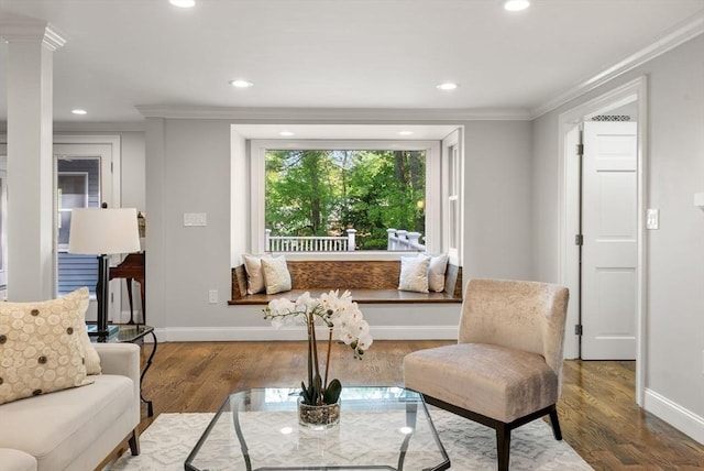 56 Arrowhead Rd, Weston, MA 02493 - living room featuring ornamental molding, wood finished floors, baseboards, and recessed lighting