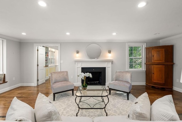 56 Arrowhead Rd, Weston, MA 02493 - living area with wood finished floors, crown molding, recessed lighting, a fireplace with flush hearth, and baseboards