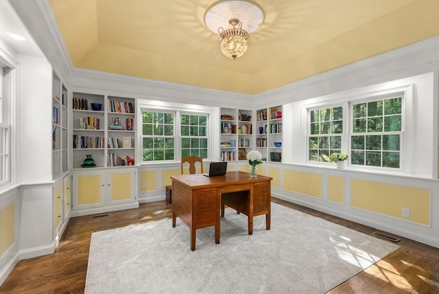 56 Arrowhead Rd, Weston, MA 02493 - office area with a tray ceiling, plenty of natural light, built in features, a chandelier, and ornamental molding