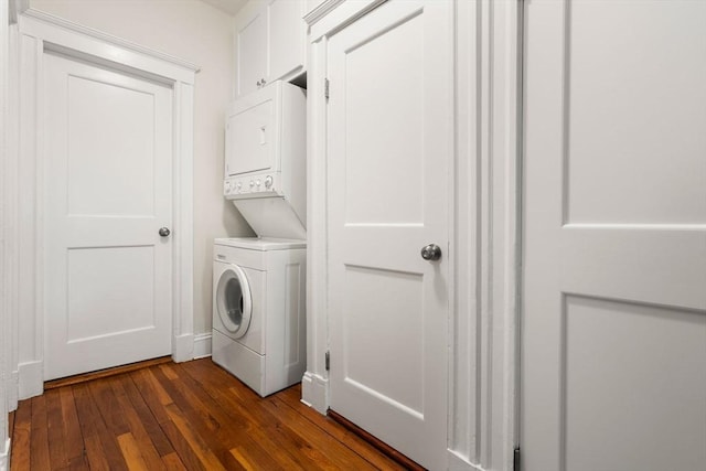 50-52 Linden Pl, Brookline, MA 02446 - washroom featuring stacked washer / drying machine and dark wood-style flooring