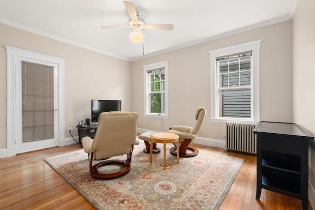 50-52 Linden Pl, Brookline, MA 02446 - living area with radiator heating unit, light wood-style flooring, ornamental molding, baseboards, and a ceiling fan