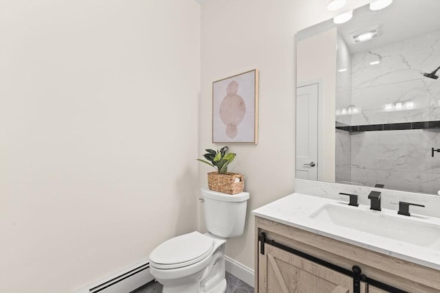 354 Gifford Unit 1, Falmouth, MA 02540 - bathroom featuring toilet, baseboards, a marble finish shower, vanity, and a baseboard heating unit