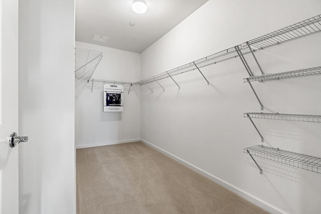 spacious closet featuring light colored carpet