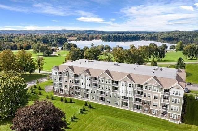 birds eye view of property featuring a water view